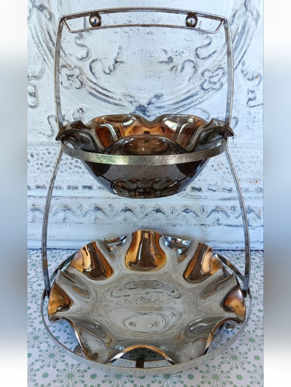 Vintage MCM Mercury Glass Tiered Scalloped Serving Tray